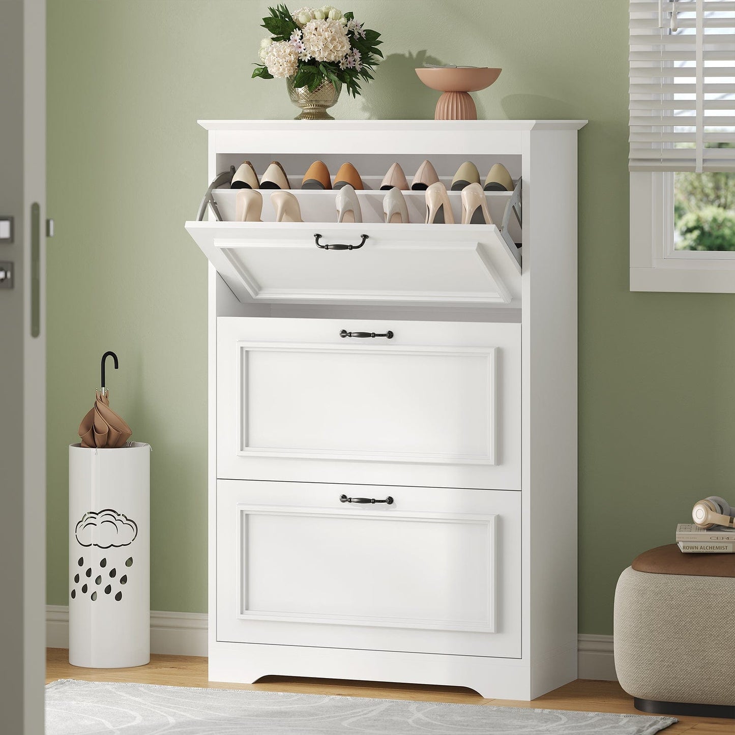 Shoe Cabinet with 3 Flip Drawers and Metal Flip Stand White