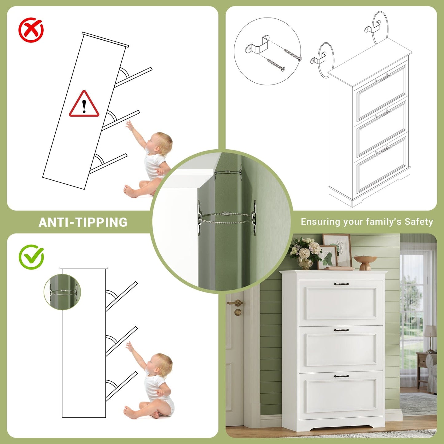 Shoe Cabinet with 3 Flip Drawers and Metal Flip Stand White
