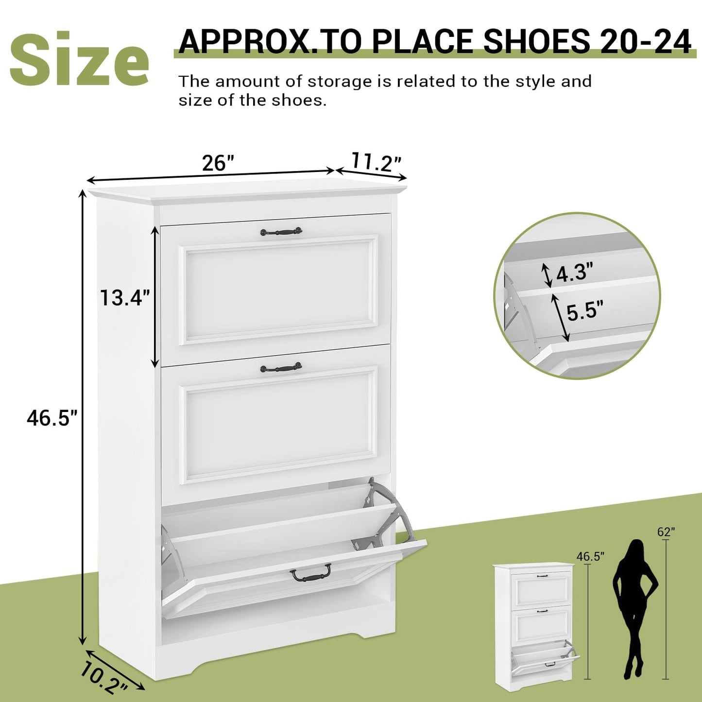 Shoe Cabinet with 3 Flip Drawers and Metal Flip Stand White