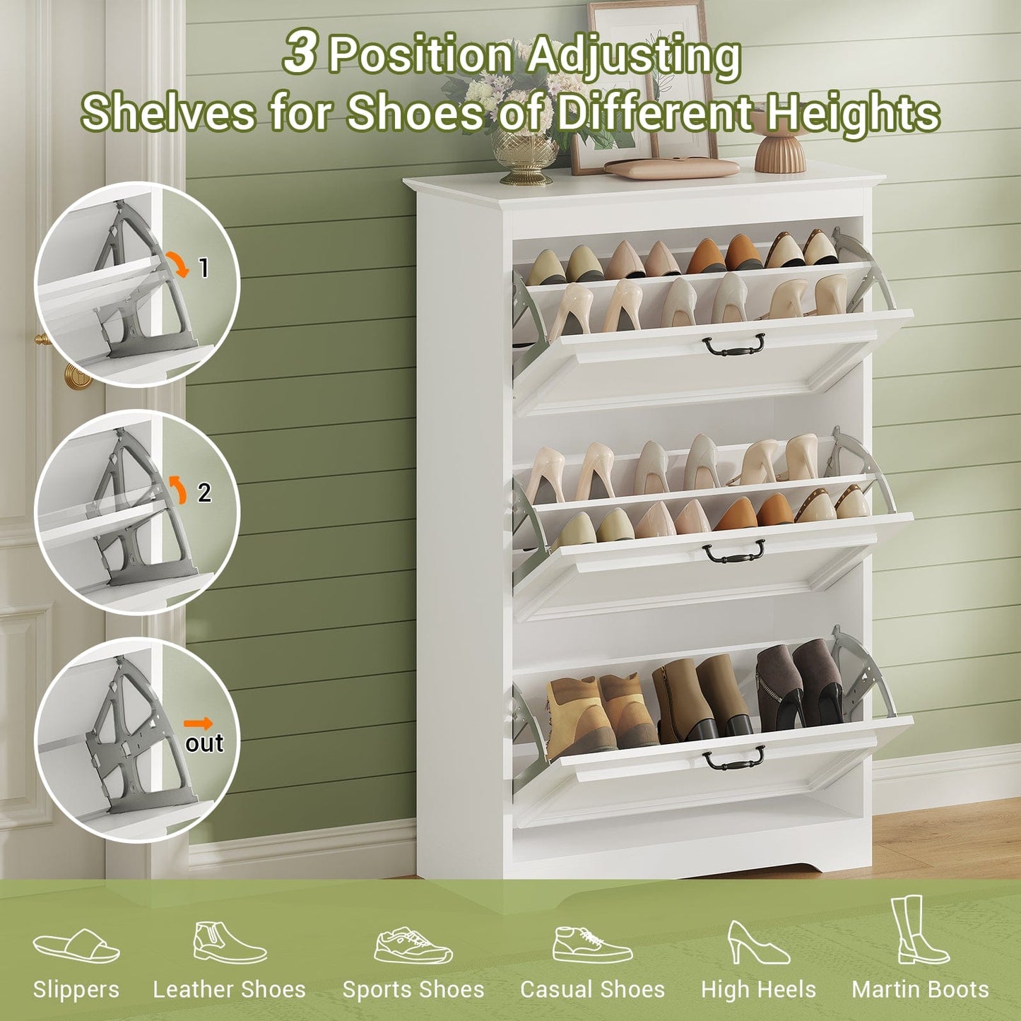 Shoe Cabinet with 3 Flip Drawers and Metal Flip Stand White