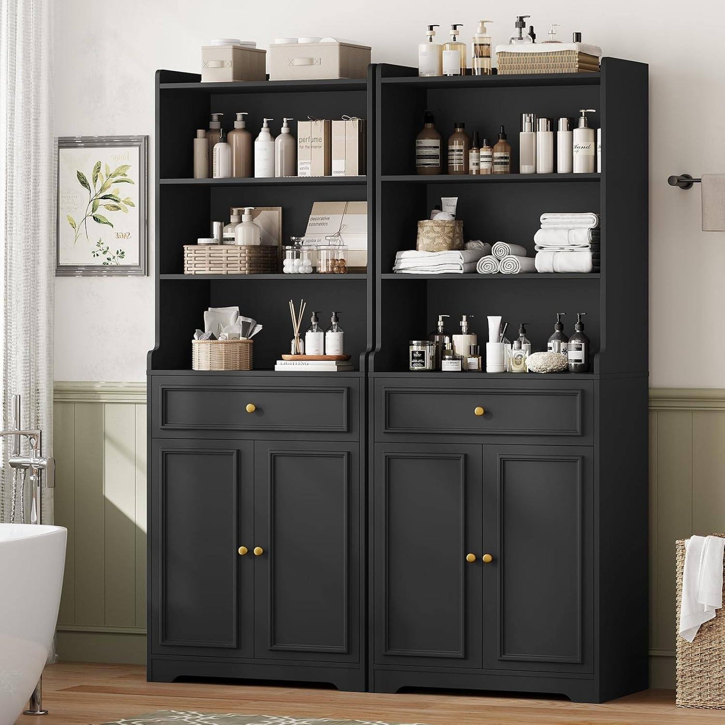 2PCS 73.2 Inches Storage Cabinets with Doors and Drawer Black