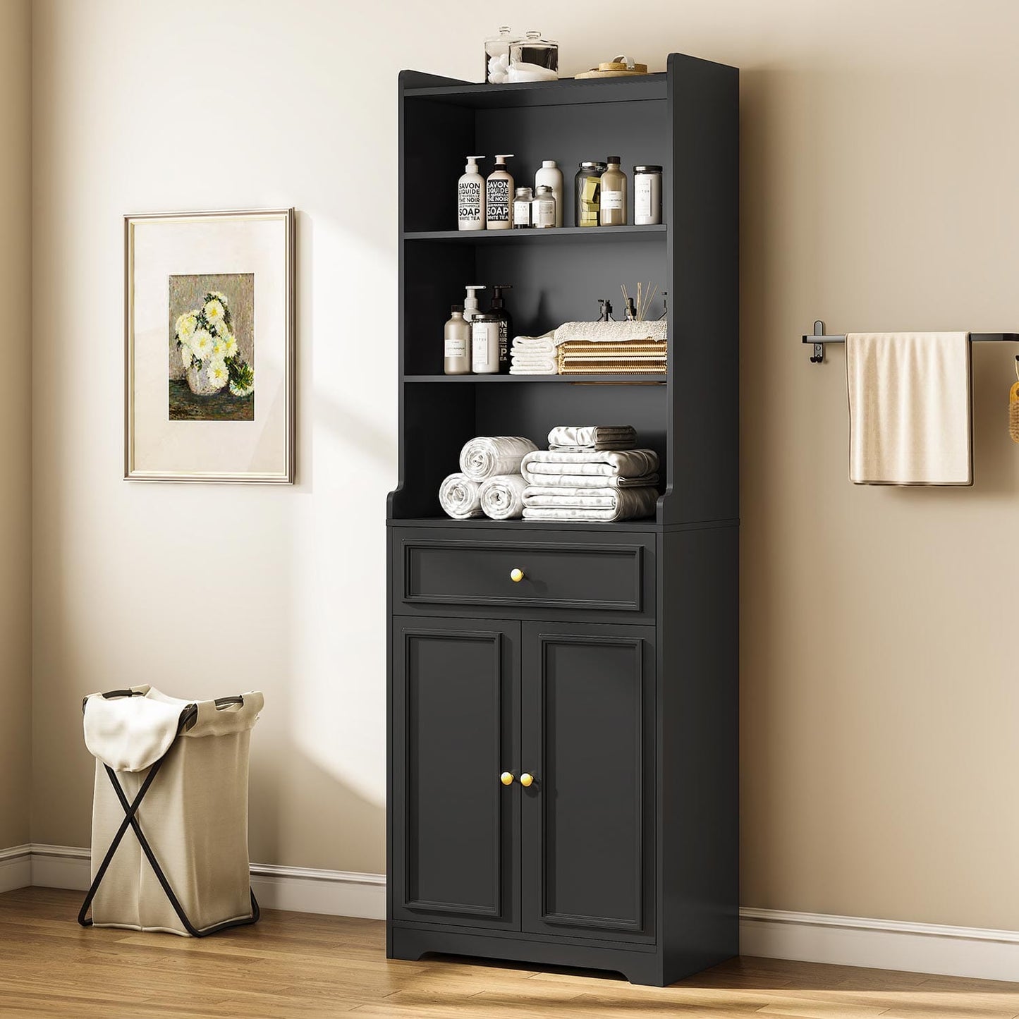 2PCS 73.2 Inches Storage Cabinets with Doors and Drawer Black