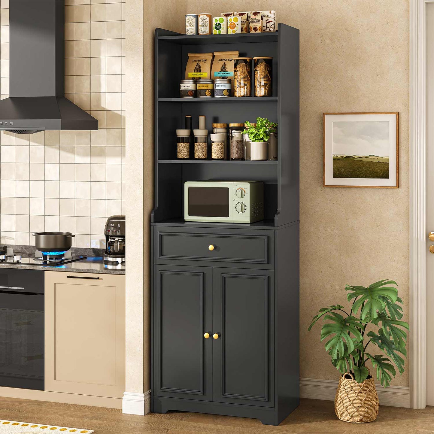2PCS 73.2 Inches Storage Cabinets with Doors and Drawer Black