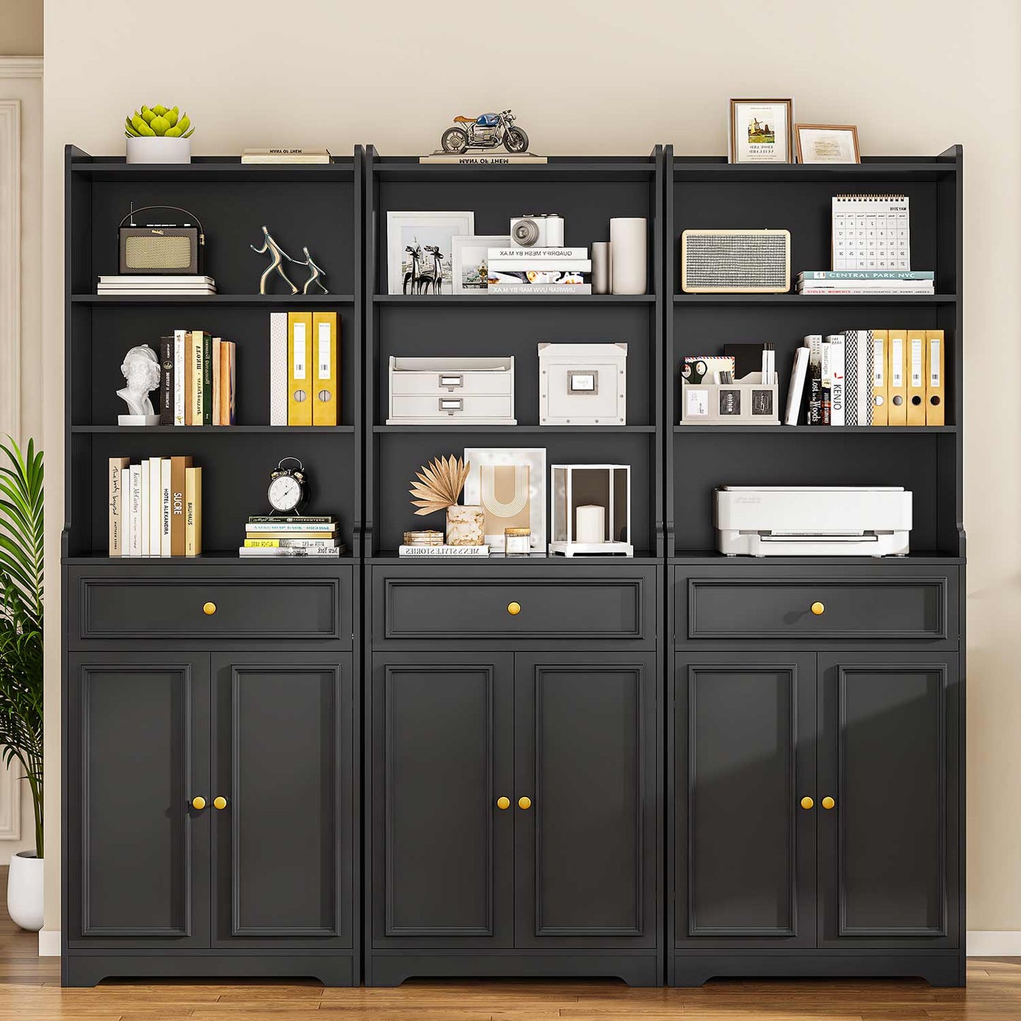2PCS 73.2 Inches Storage Cabinets with Doors and Drawer Black