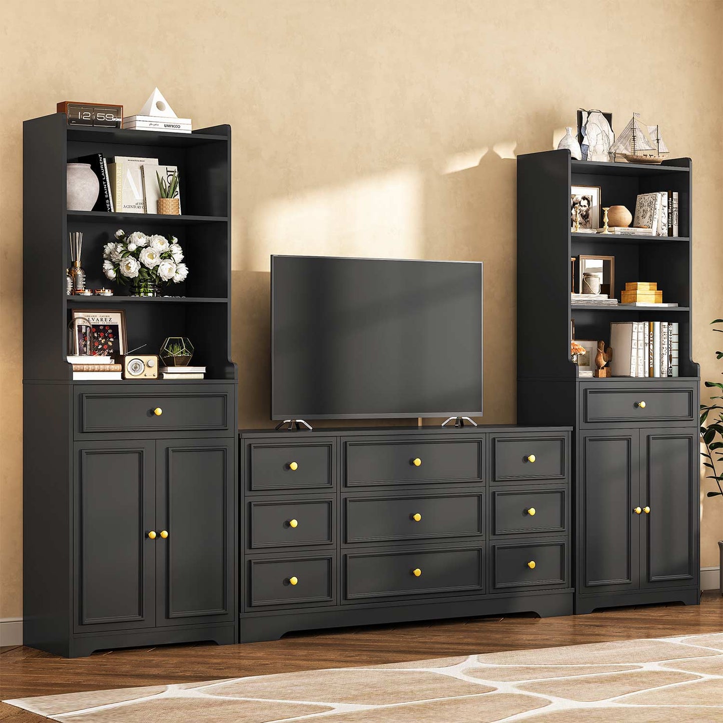 2PCS 73.2 Inches Storage Cabinets with Doors and Drawer Black