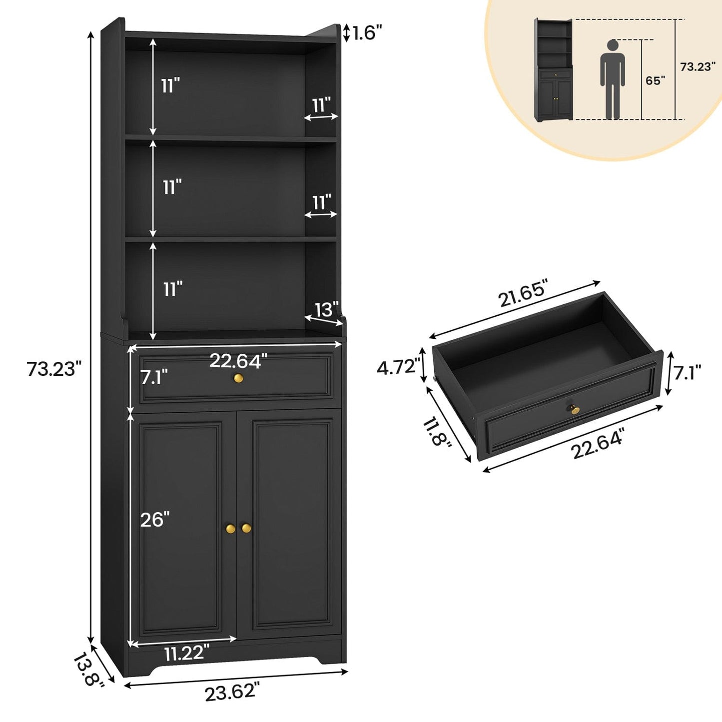 2PCS 73.2 Inches Storage Cabinets with Doors and Drawer Black