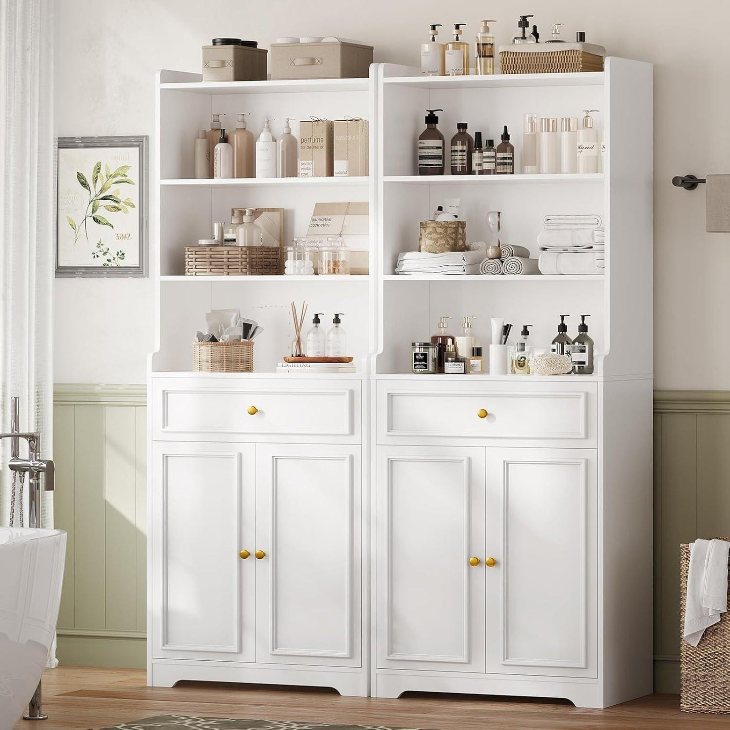 2PCS 73.2 Inches Storage Cabinets with Doors and Drawer White