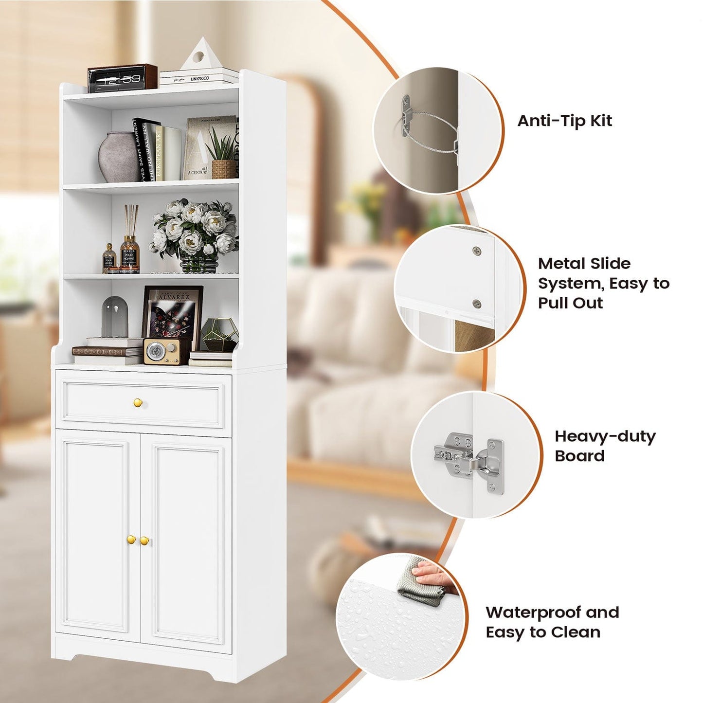 2PCS 73.2 Inches Storage Cabinets with Doors and Drawer White