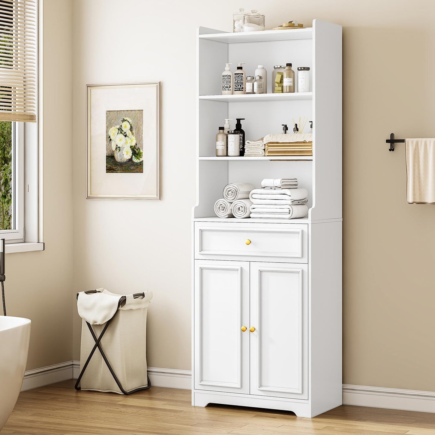 2PCS 73.2 Inches Storage Cabinets with Doors and Drawer White