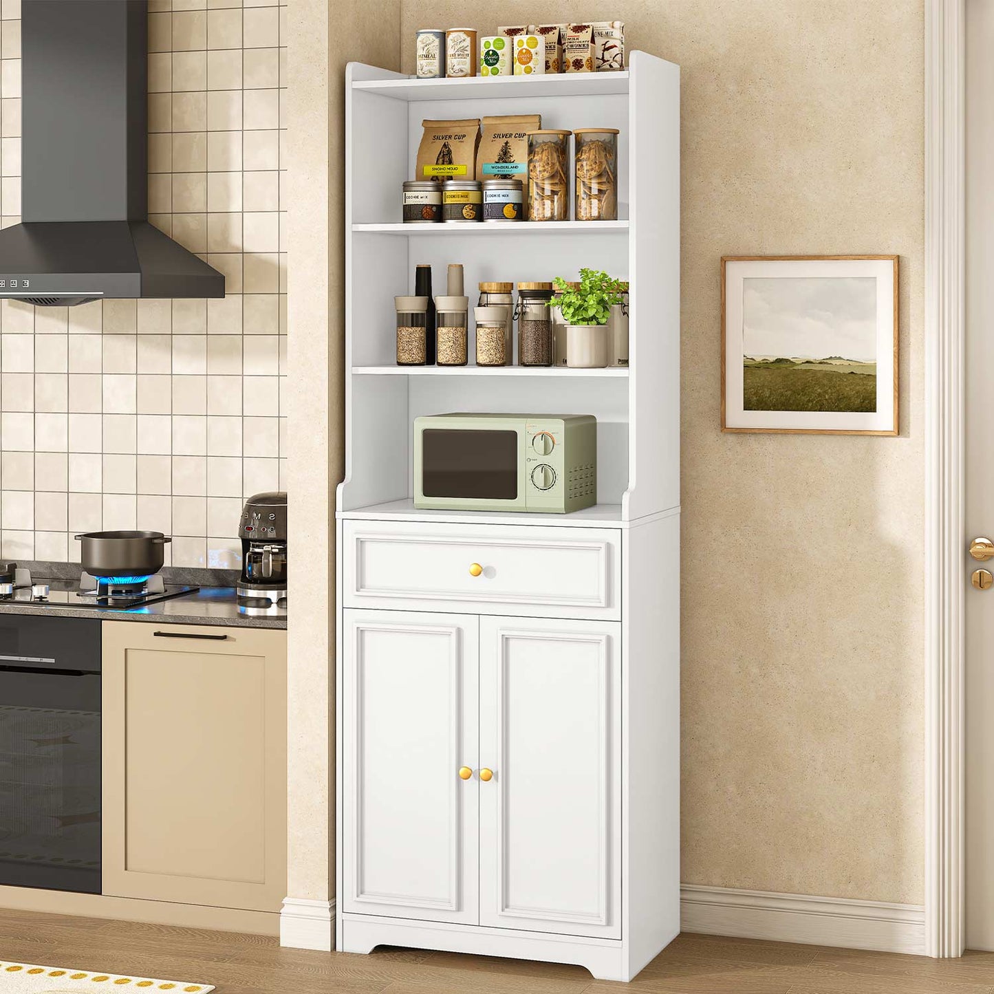 2PCS 73.2 Inches Storage Cabinets with Doors and Drawer White