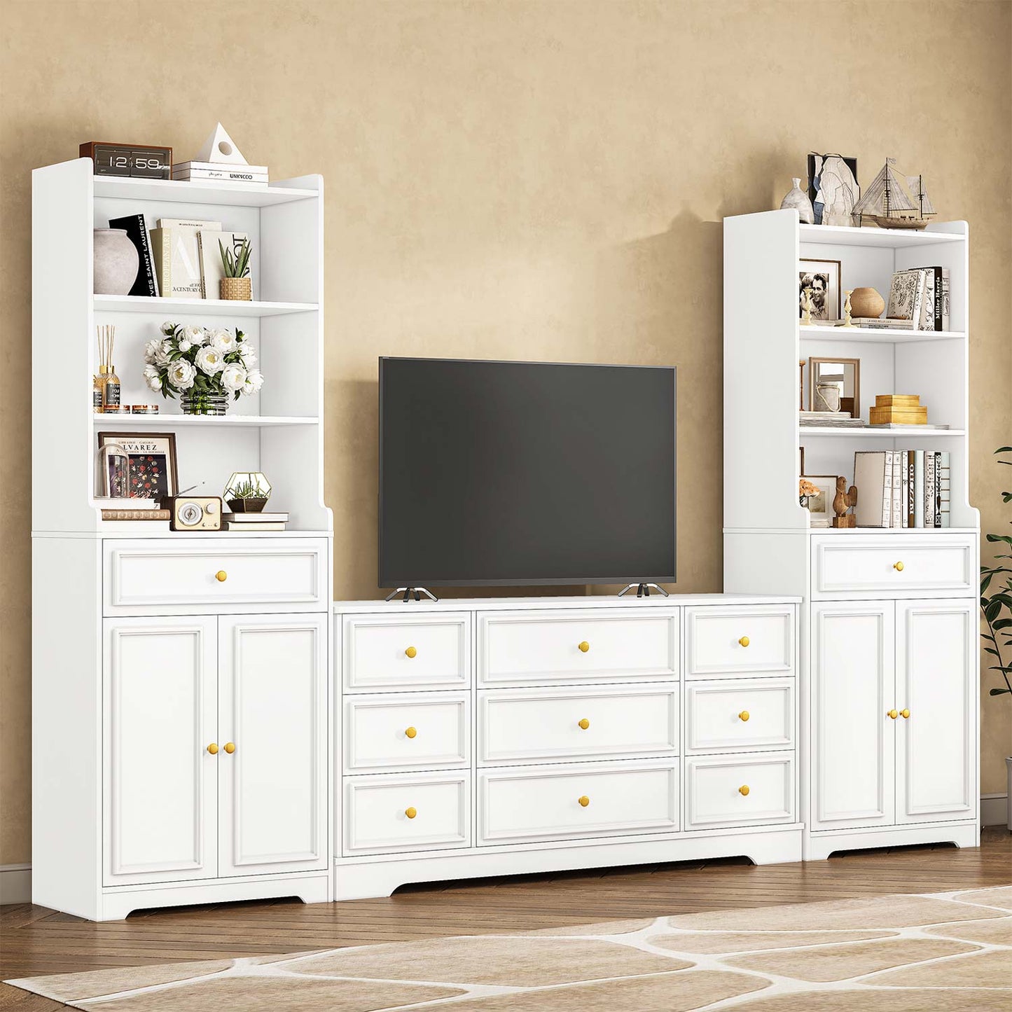 2PCS 73.2 Inches Storage Cabinets with Doors and Drawer White