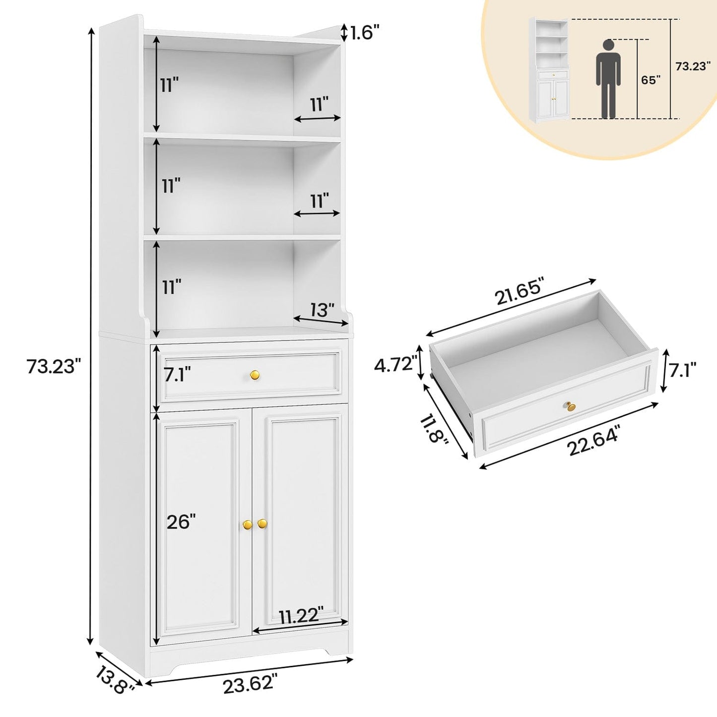 2PCS 73.2 Inches Storage Cabinets with Doors and Drawer White