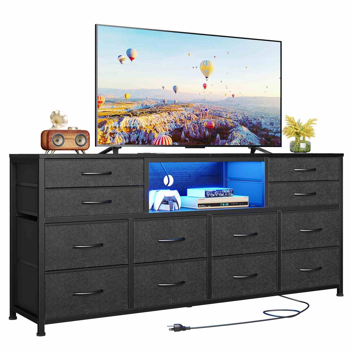 55 Inch LED TV Stand Dresser with Power Outlets Black