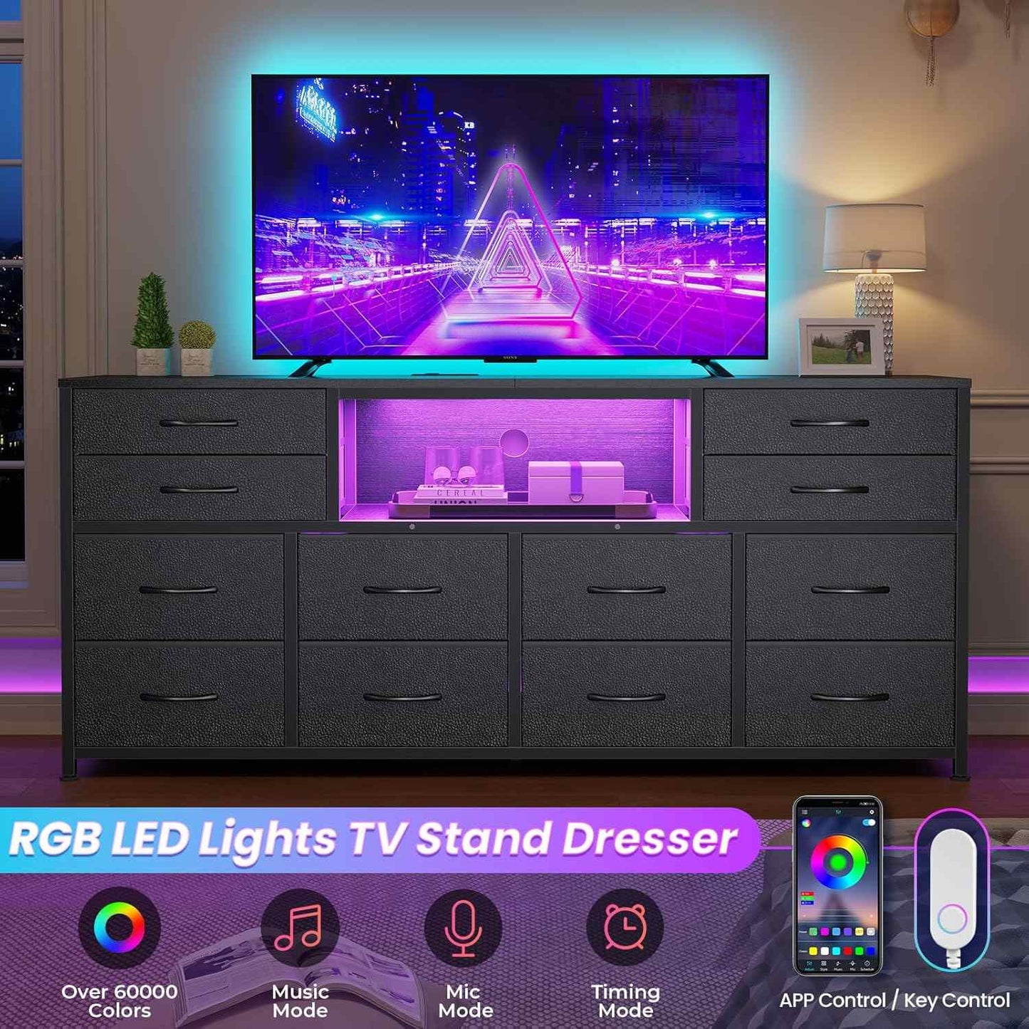 55 Inch LED TV Stand Dresser with Power Outlets Black