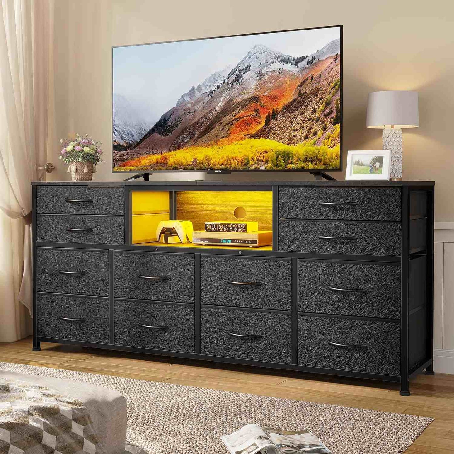 55 Inch LED TV Stand Dresser with Power Outlets Black