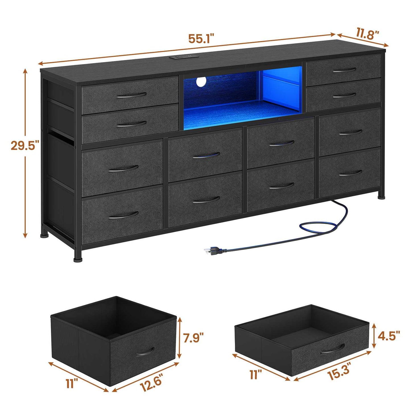 55 Inch LED TV Stand Dresser with Power Outlets Black
