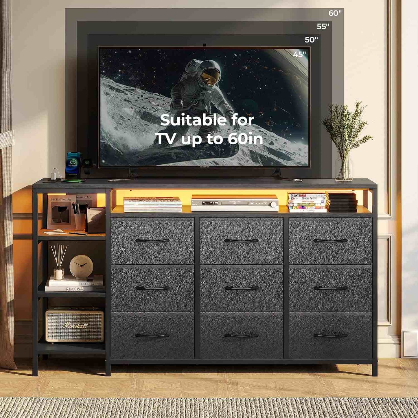 60 Inches LED TV Stand Dresser with Charging Station Black