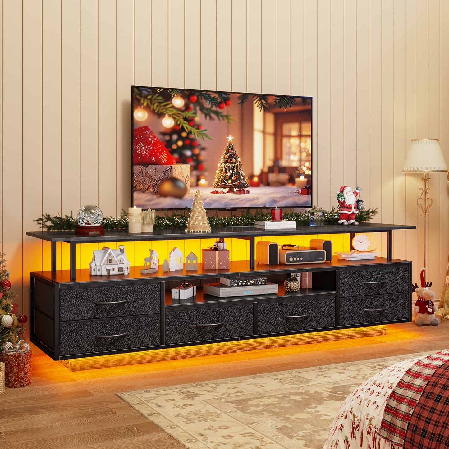 TV Stand with LED Lights and Power Outlets Black