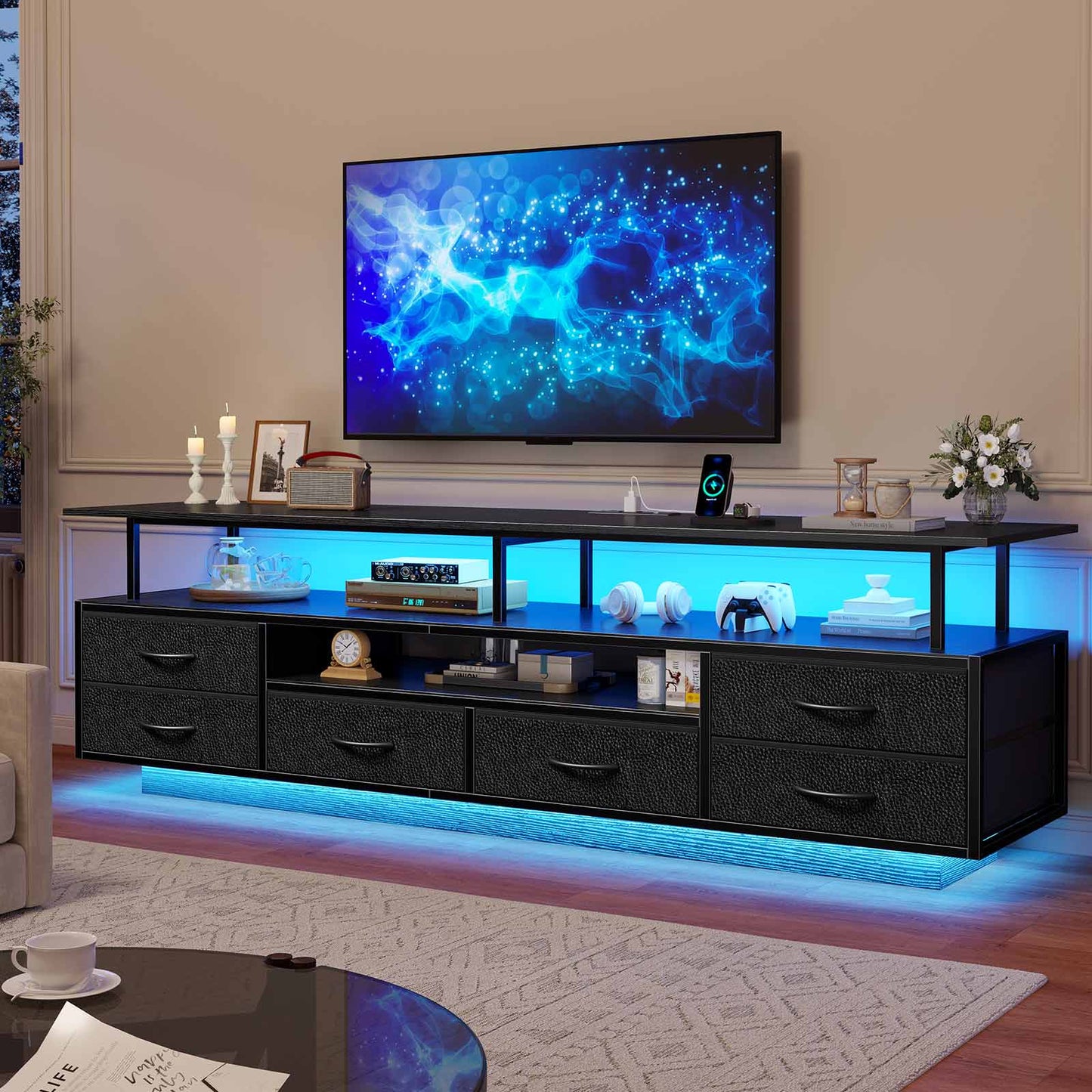 TV Stand with LED Lights and Power Outlets Black