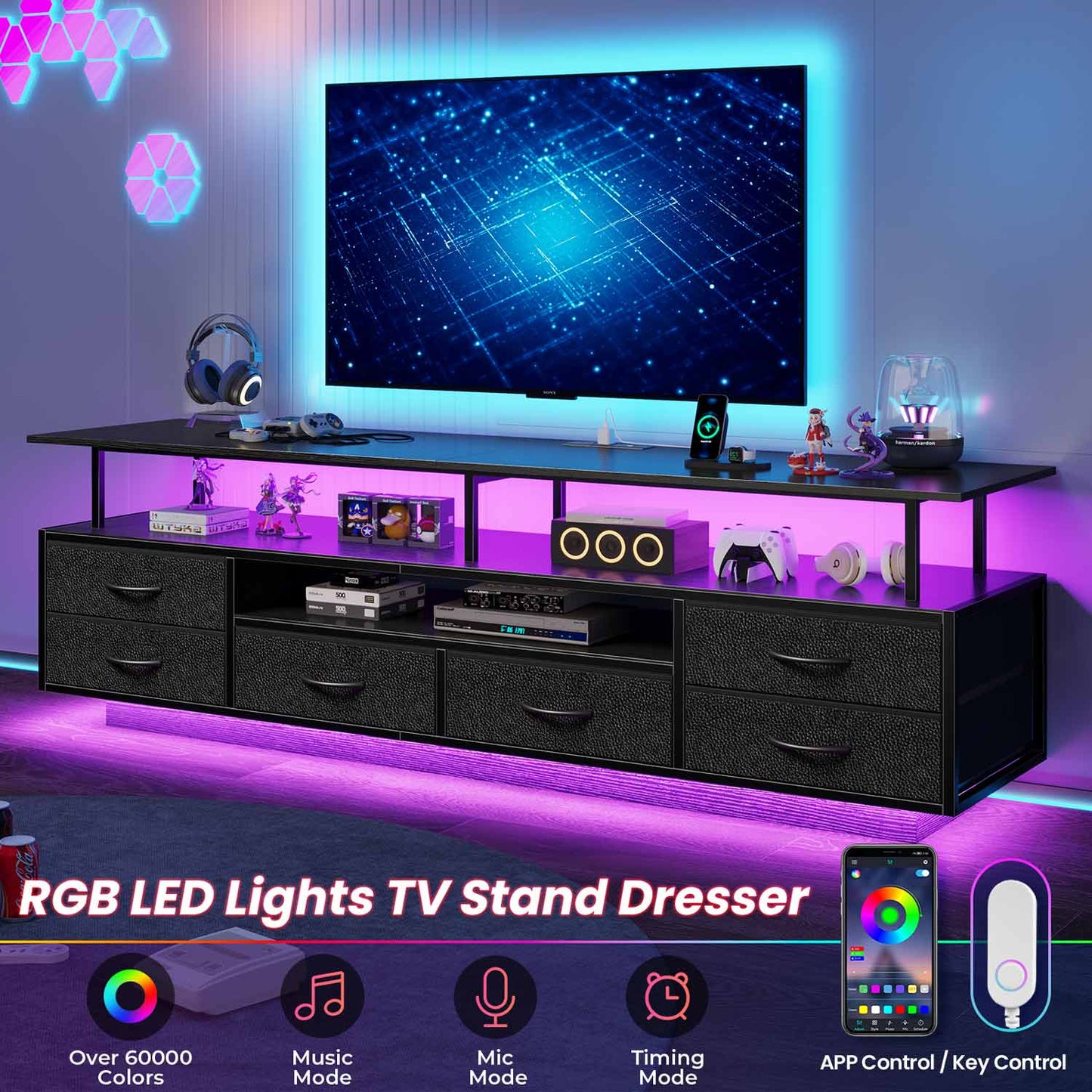 TV Stand with LED Lights and Power Outlets Black