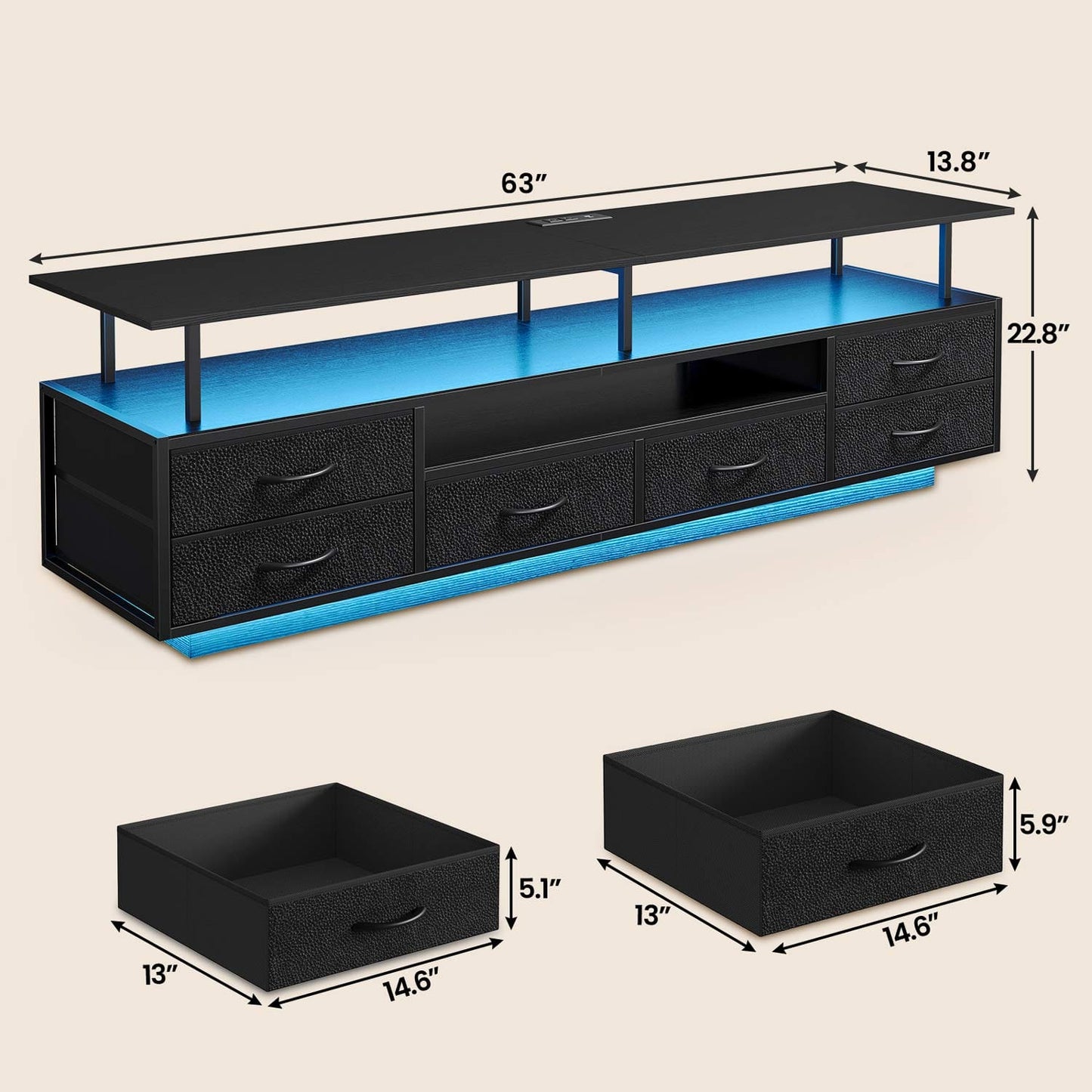 TV Stand with LED Lights and Power Outlets Black
