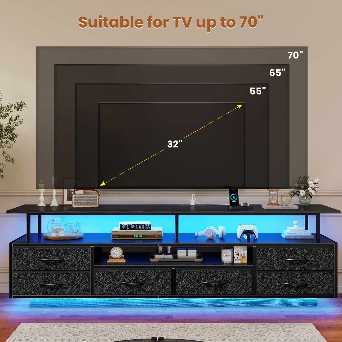 TV Stand with LED Lights and Power Outlets Black