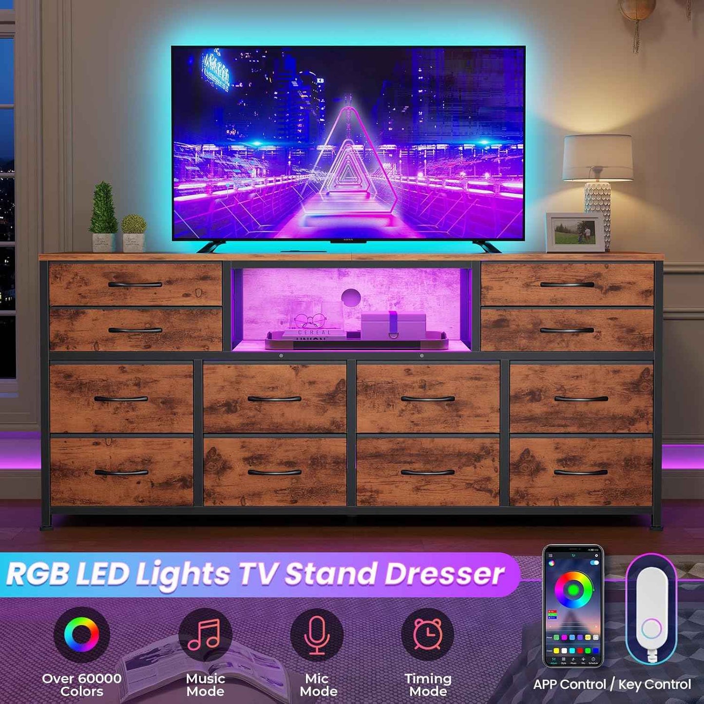 55 Inch LED TV Stand Dresser with Power Outlets Brown