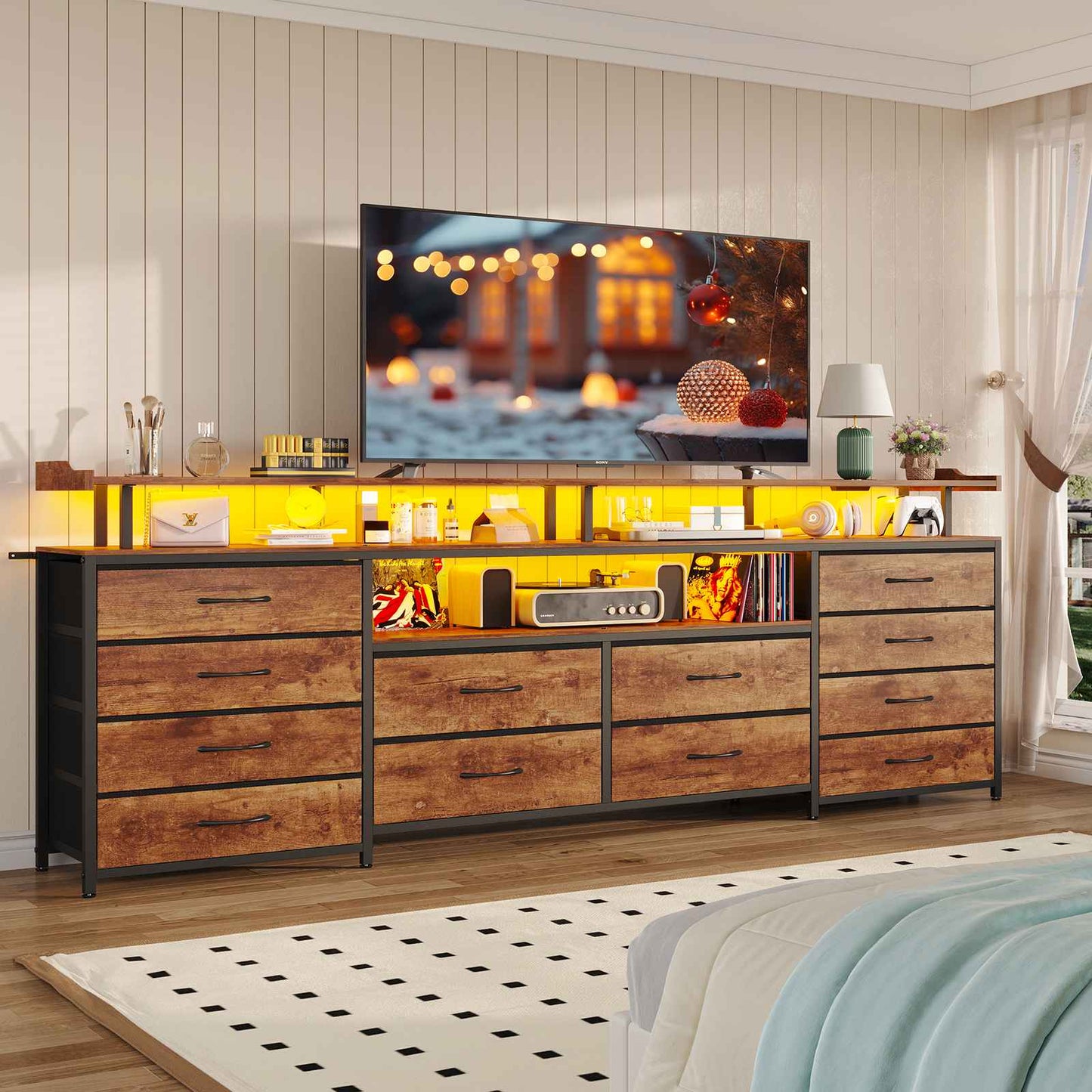 63 Inches TV Stand Dresser with LED Lights and Charging Station Brown
