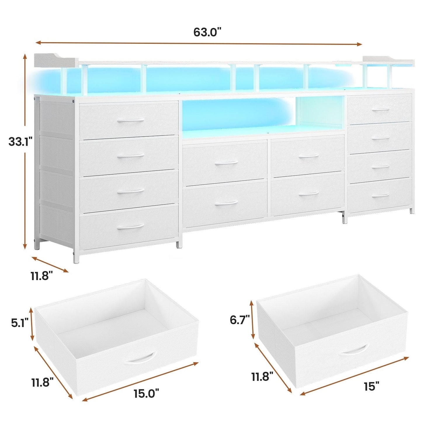 63 Inches TV Stand Dresser with LED Lights and Charging Station White