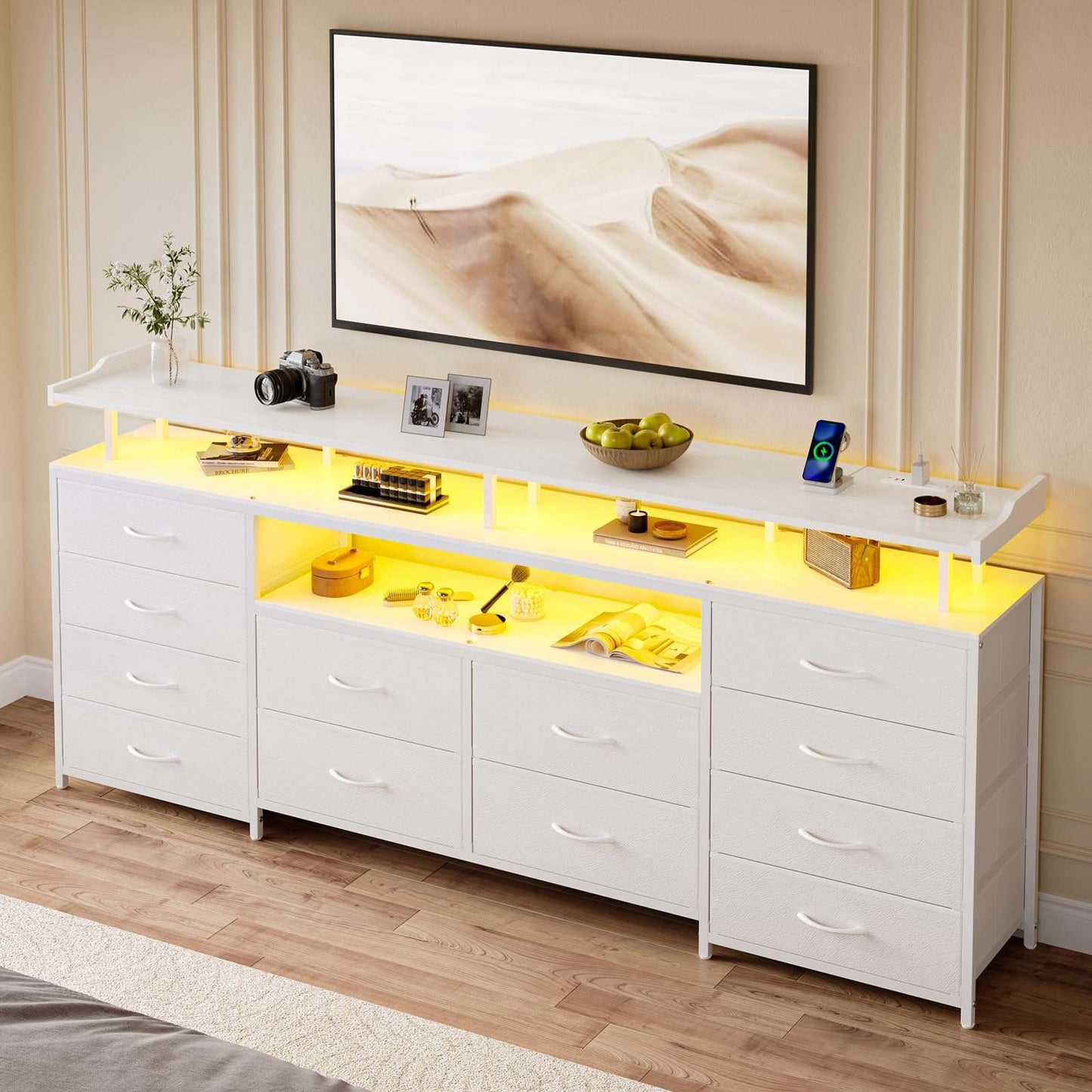 63 Inches TV Stand Dresser with LED Lights and Charging Station White