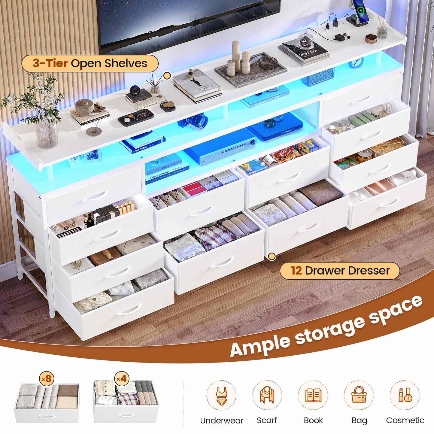 63 Inches TV Stand Dresser with LED Lights and Charging Station White