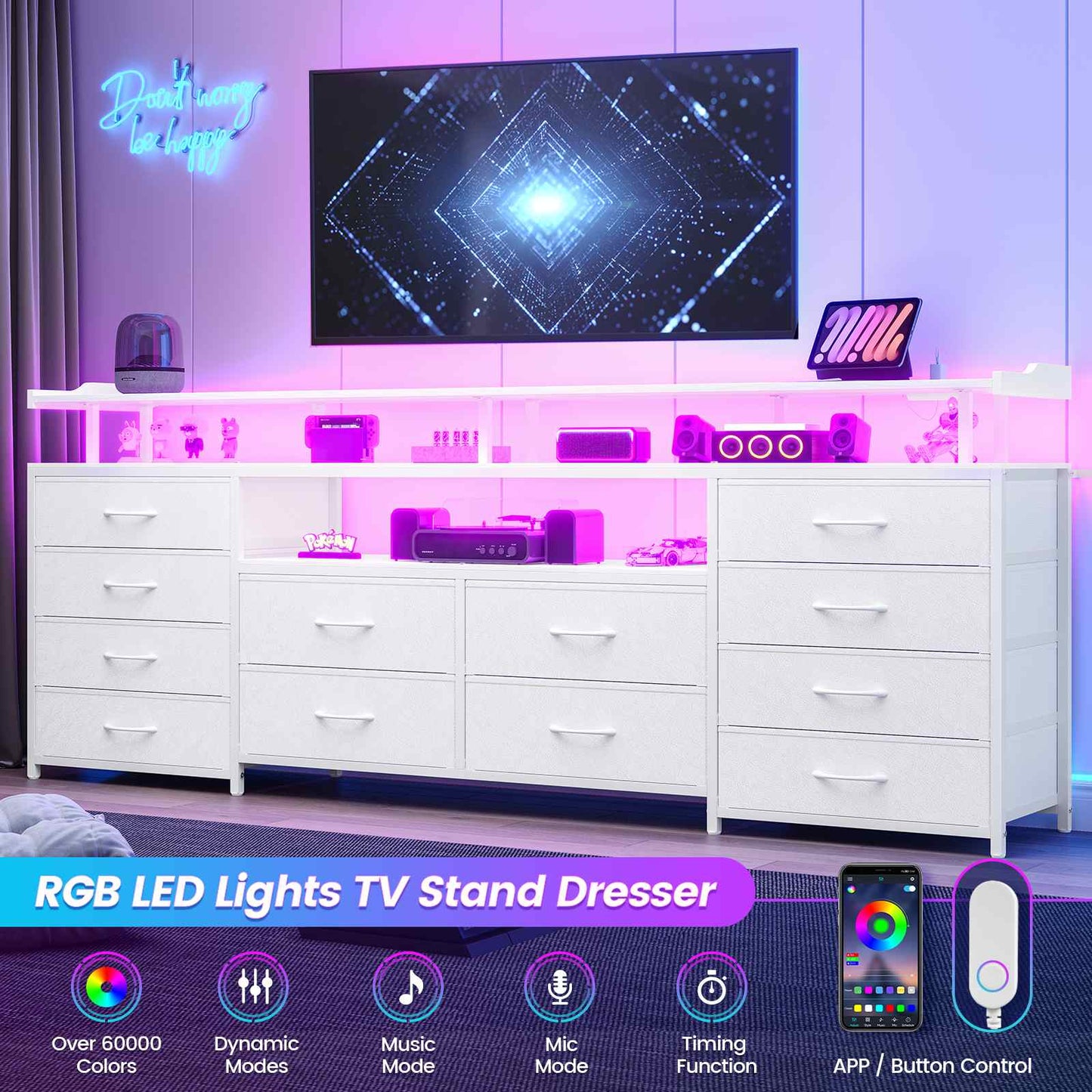 63 Inches TV Stand Dresser with LED Lights and Charging Station White
