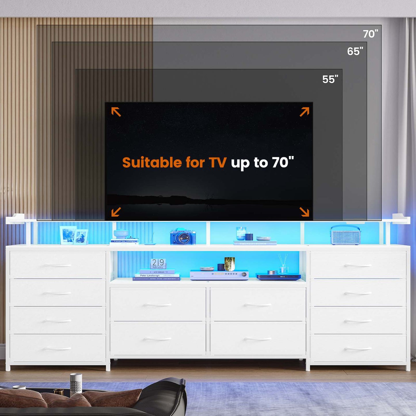 63 Inches TV Stand Dresser with LED Lights and Charging Station White