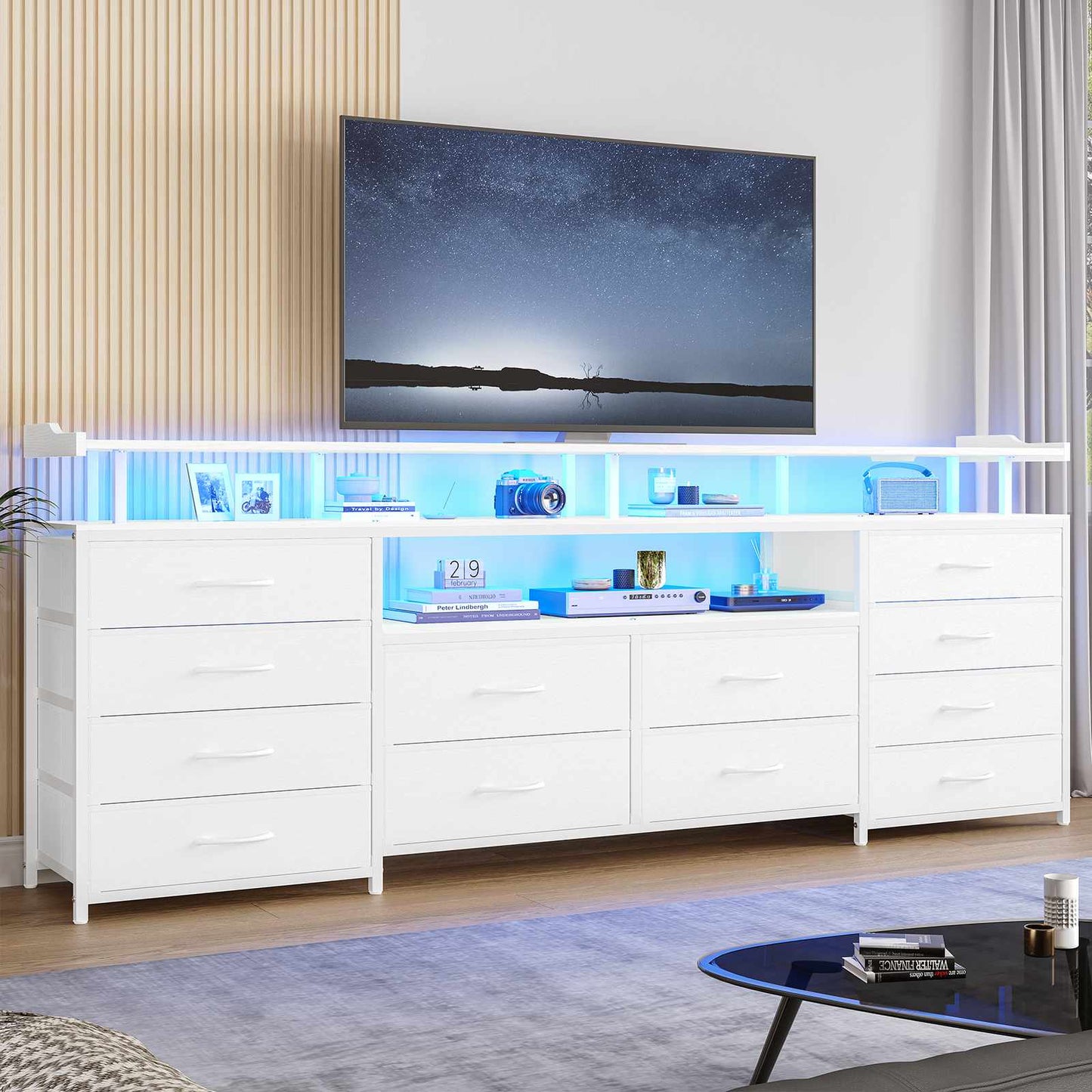 63 Inches TV Stand Dresser with LED Lights and Charging Station White