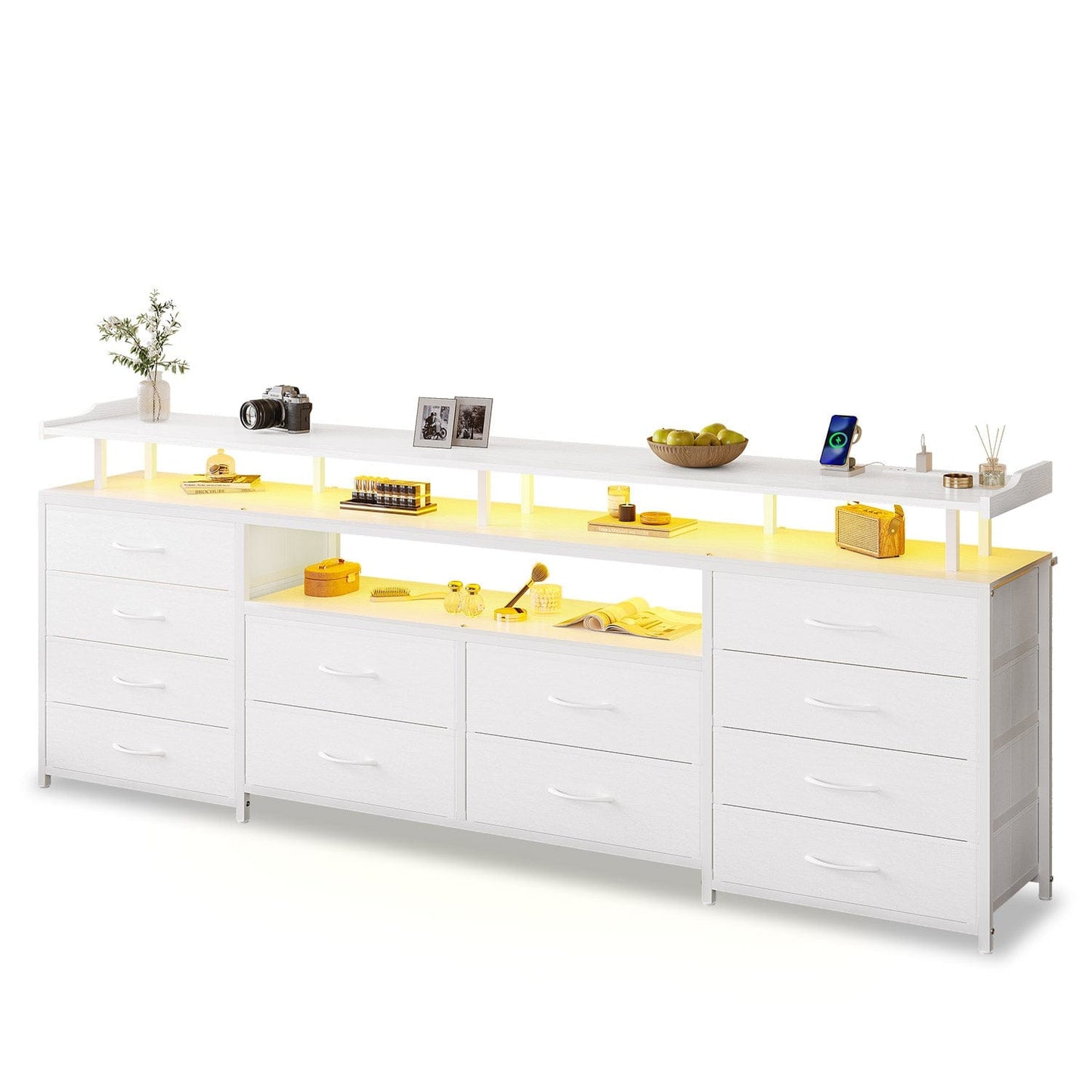 63 Inches TV Stand Dresser with LED Lights and Charging Station White