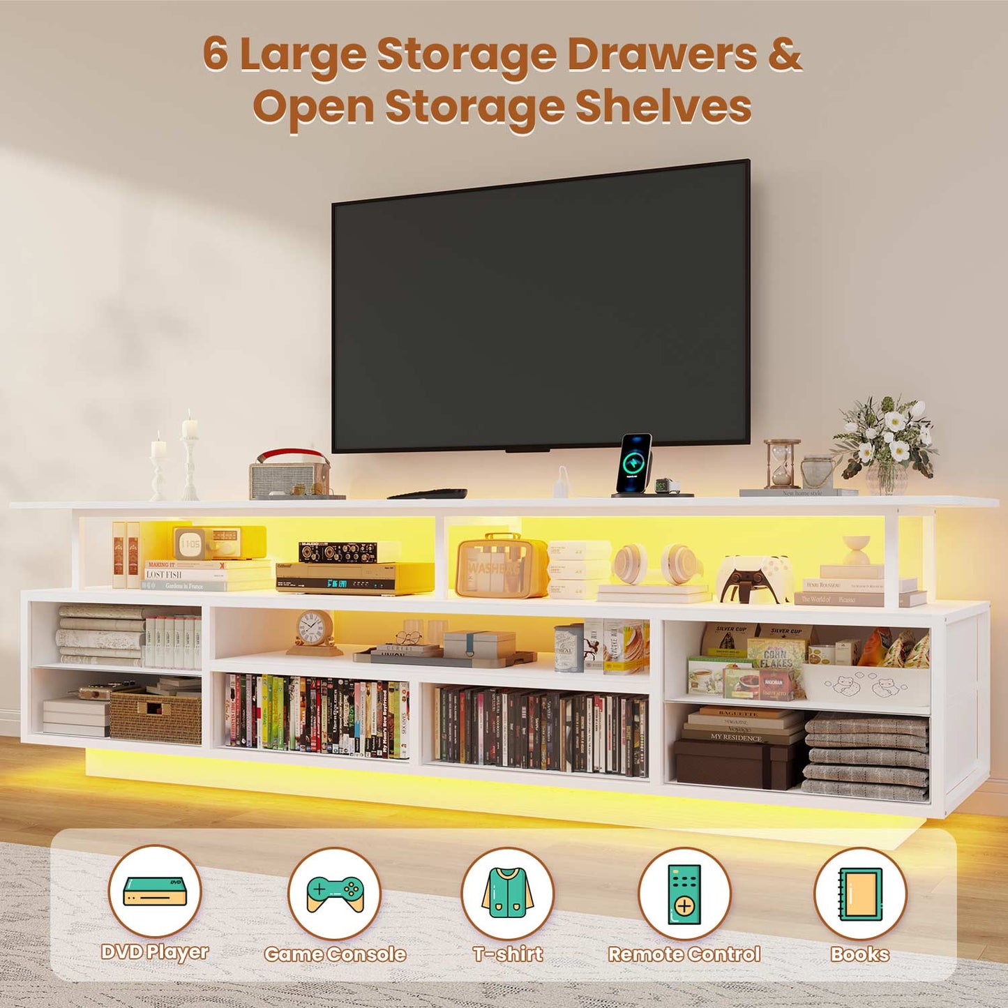 TV Stand with LED Lights and Power Outlets White