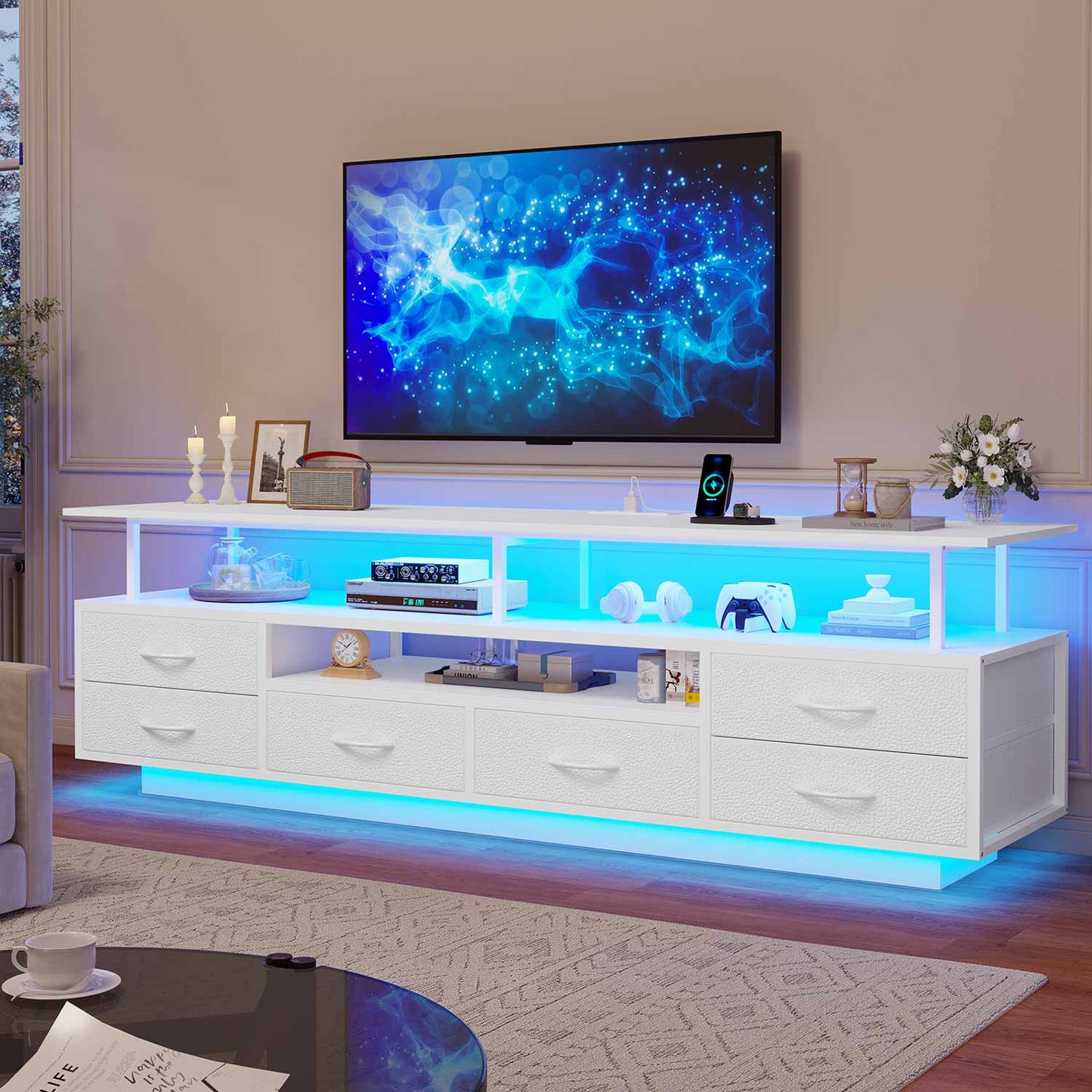 TV Stand with LED Lights and Power Outlets White