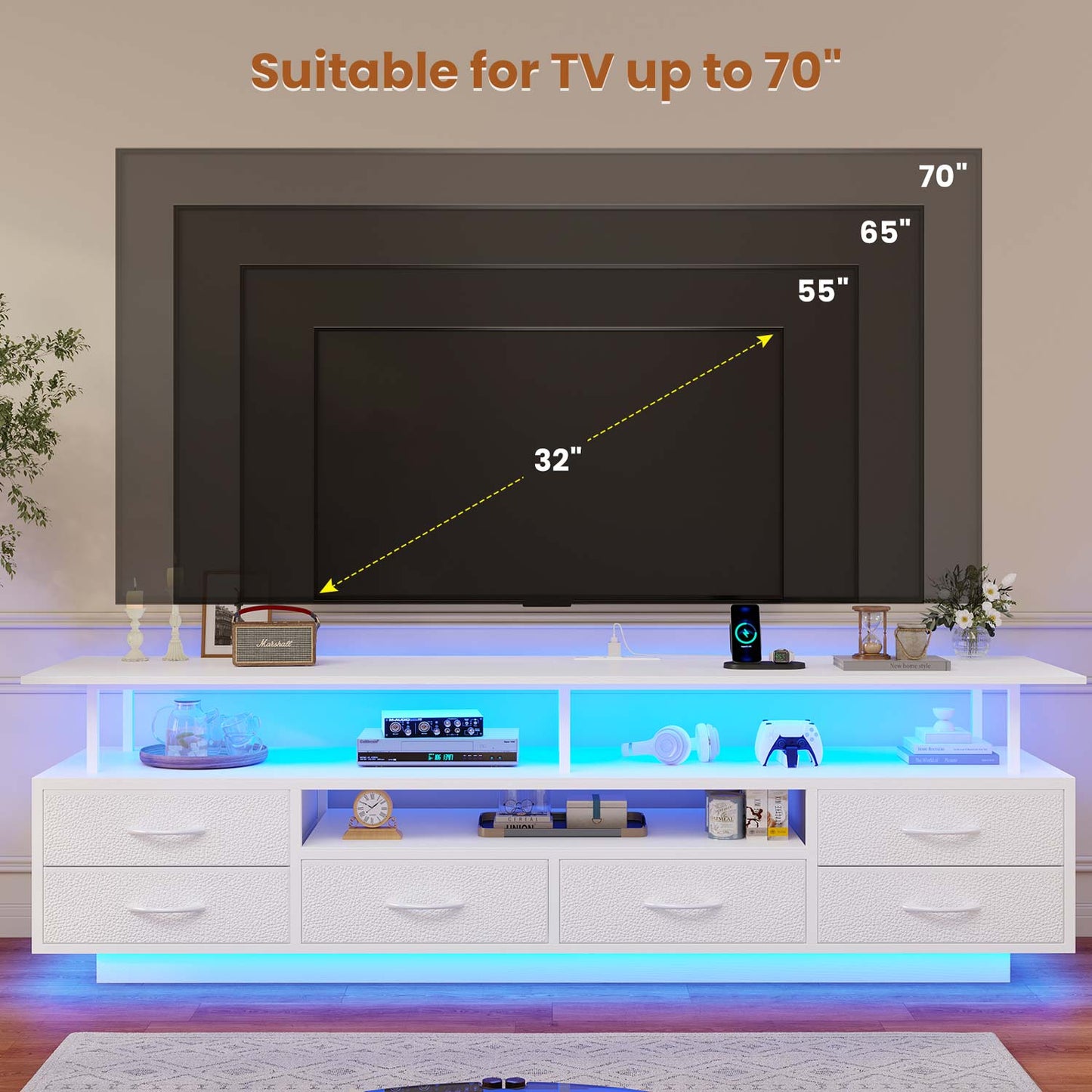 TV Stand with LED Lights and Power Outlets White