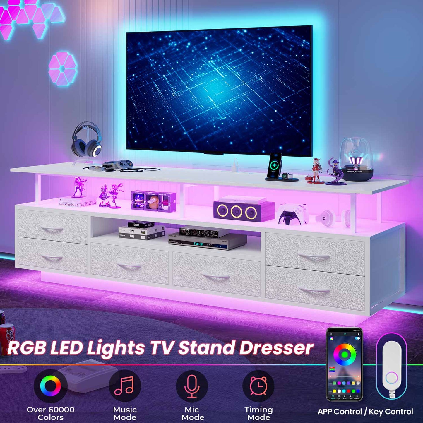 TV Stand with LED Lights and Power Outlets White