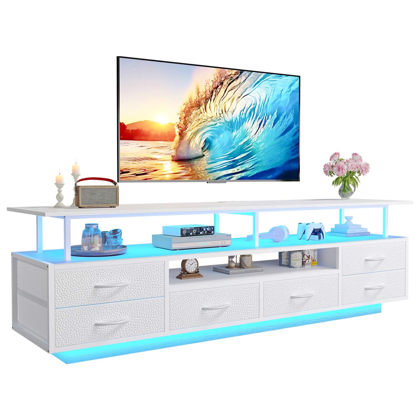 TV Stand with LED Lights and Power Outlets White