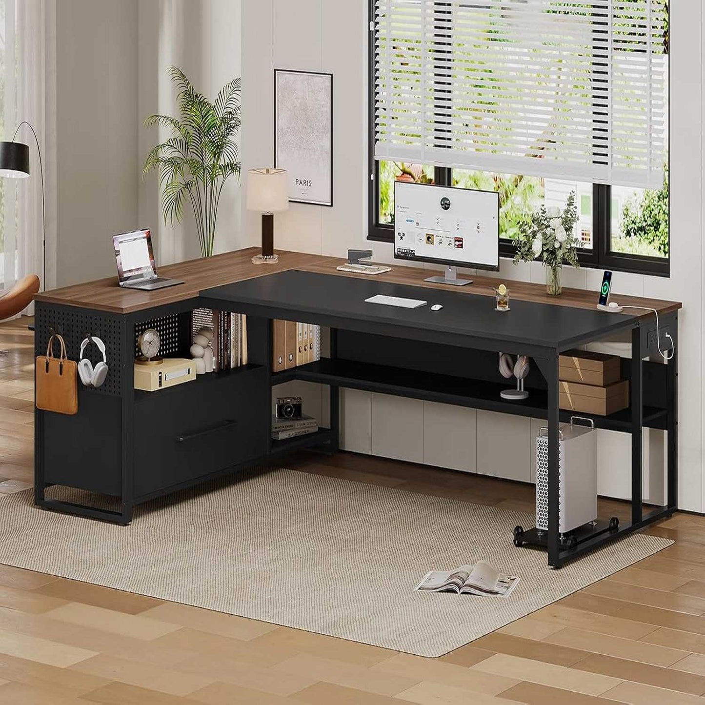 71 in Reversible L Shaped Executive Desk with Widen File Drawers and Power Outlets Walnut Brown