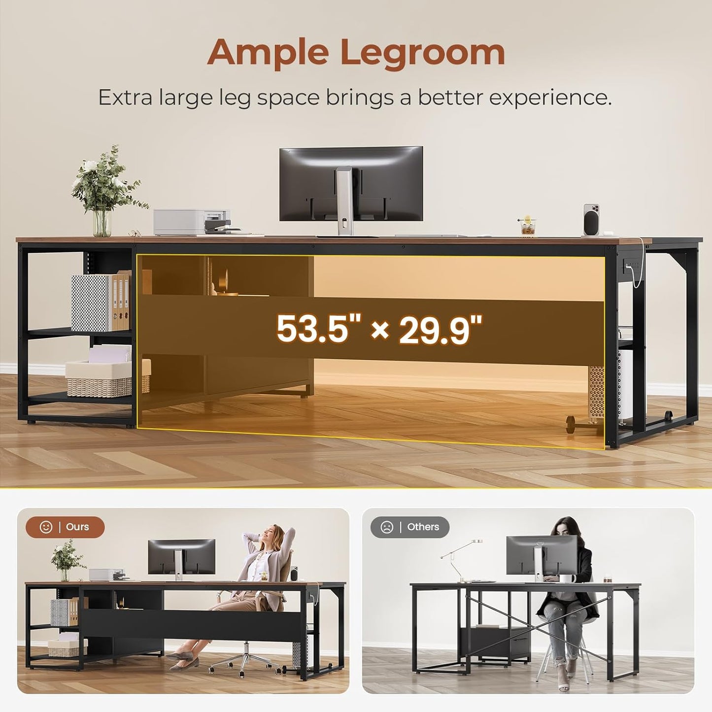 71 in Reversible L Shaped Executive Desk with Widen File Drawers and Power Outlets Walnut Brown