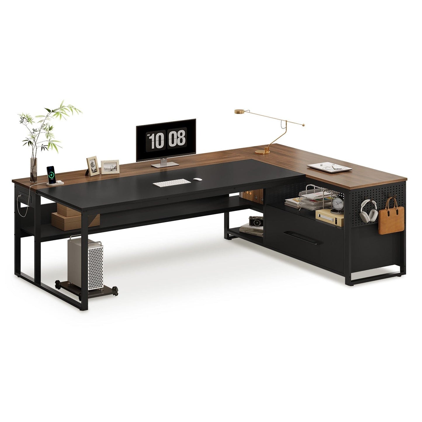 71 in Reversible L Shaped Executive Desk with Widen File Drawers and Power Outlets Walnut Brown