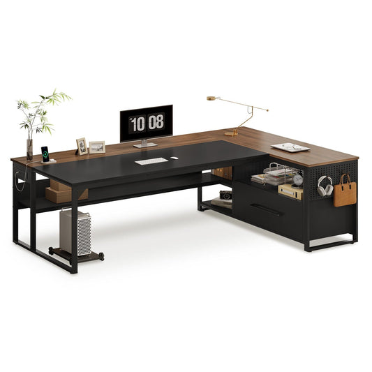 71 in Reversible L Shaped Executive Desk with Widen File Drawers and Power Outlets Walnut Brown