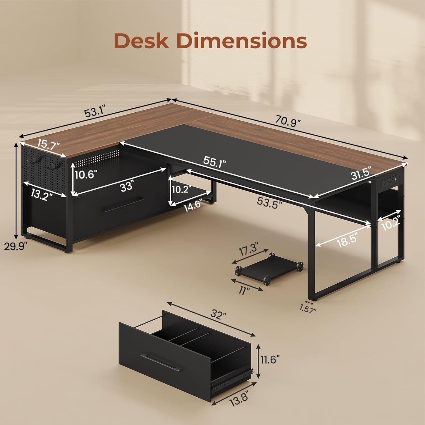 71 in Reversible L Shaped Executive Desk with Widen File Drawers and Power Outlets Walnut Brown