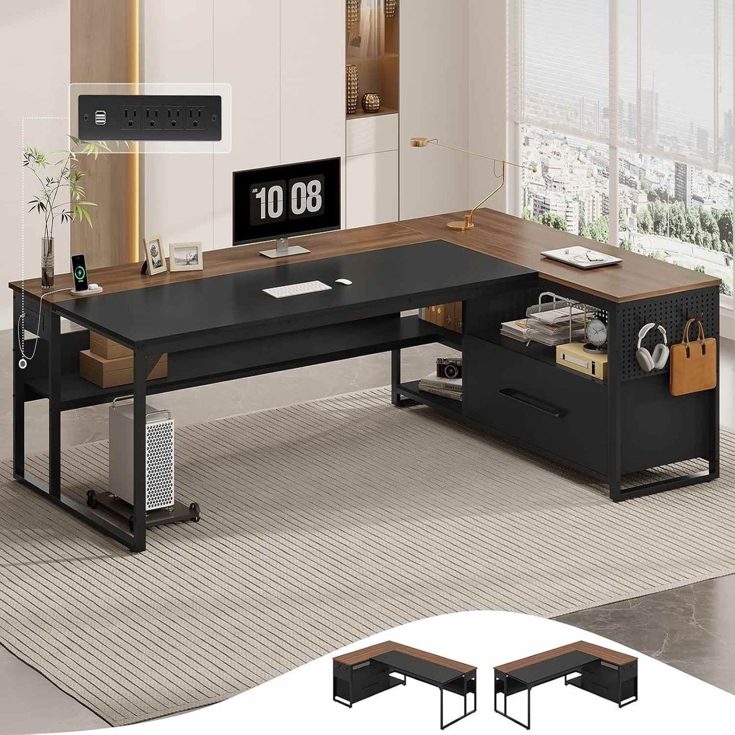 71 in Reversible L Shaped Executive Desk with Widen File Drawers and Power Outlets Walnut Brown