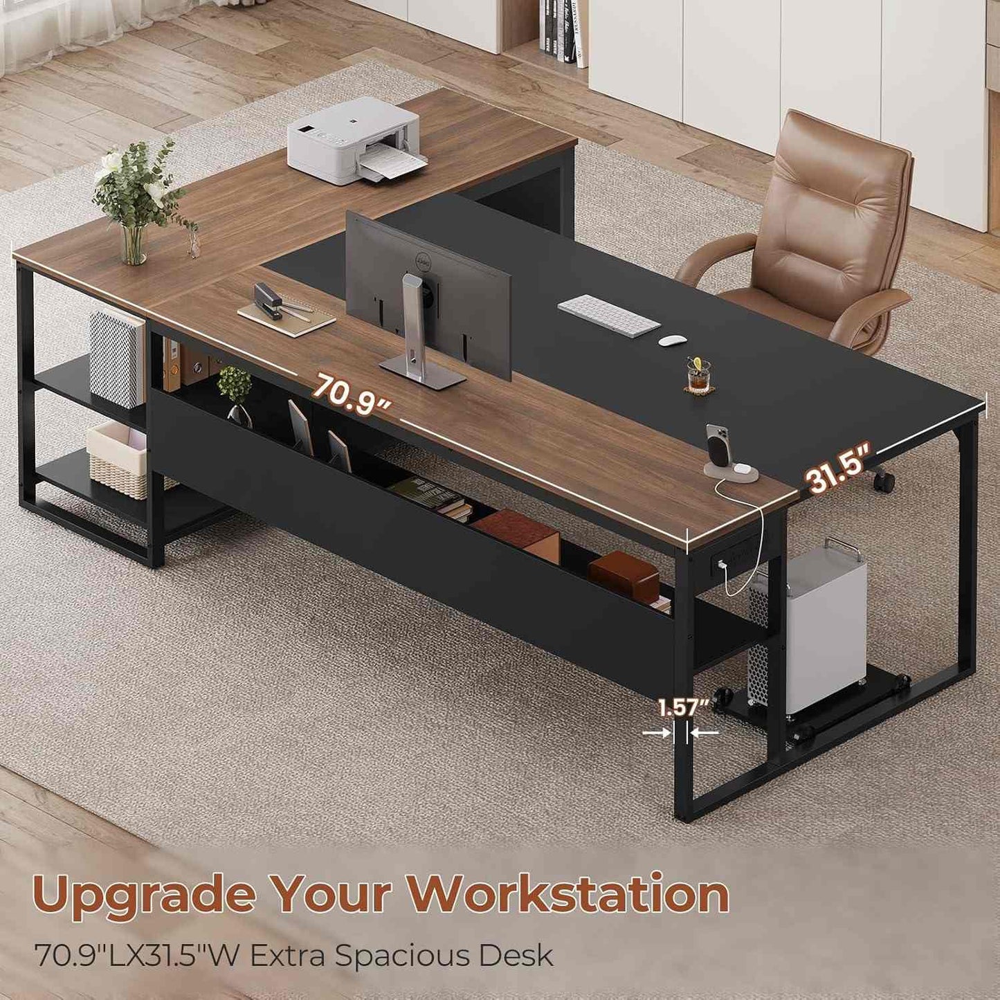 71 in Reversible L Shaped Executive Desk with Widen File Drawers and Power Outlets Walnut Brown