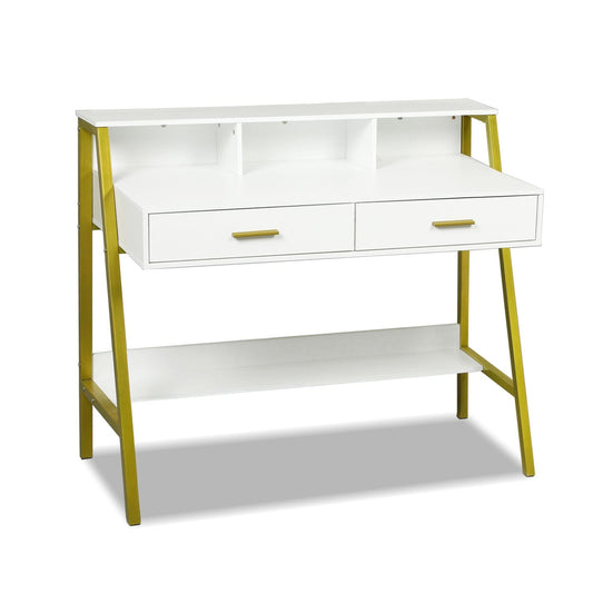 Writing Desk with Drawers Built-in Hutch White Gold